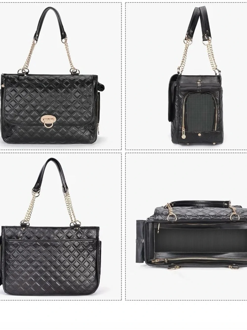 Stylish Quilted Black pet carrier tote bag with Gold Chain Details